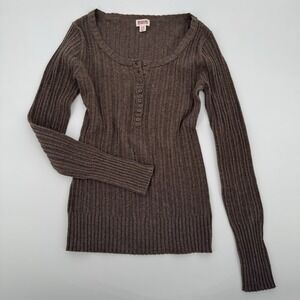 Brown Fitted Henley Sweater S Y2K 2000s Grunge Boho Preppy Ribbed Knit
